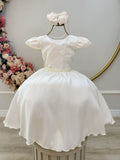 Vestido Infantil Marfim Busto C/ Nervuras Flores Festas Luxo
