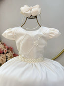 Vestido Infantil Marfim Busto C/ Nervuras Flores Festas Luxo