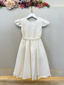 Vestido Infantil Marfim Busto C/ Nervuras Flores Festas Luxo