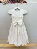 Vestido Infantil Marfim Busto C/ Nervuras Flores Festas Luxo