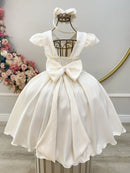 Vestido Infantil Marfim Busto C/ Nervuras Flores Festas Luxo