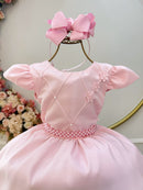 Vestido Infantil Rosa Busto C/ Nervuras Flores Festas Luxo
