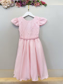 Vestido Infantil Rosa Busto C/ Nervuras Flores Festas Luxo
