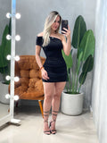 Vestido Curto em Poliamida Ombro Único e Plissado Alice Ref. 1843