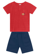 Conjunto infantil menino de Camiseta Malha Jacquard Stripe e Bermuda Moletinho BRANDILI