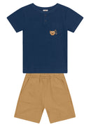 Conjunto infantil menino de Camiseta Malha Jacquard Stripe e Bermuda Moletinho BRANDILI