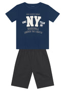 Conjunto infantil menino de Camiseta Meia Malha e Bermuda Moletinho Leve BRANDILI - estampa baseball NY - 4 a 10