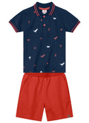 CONJUNTO INFANTIL MENINO POLO MEIA MALHA + BERMUDA SARJA COMFORT