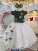 Vestido Infantil Verde Oliva Bordado Borboletas Dama Festa Luxo