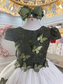 Vestido Infantil Verde Oliva Bordado Borboletas Dama Festa Luxo