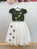 Vestido Infantil Verde Oliva Bordado Borboletas Dama Festa Luxo