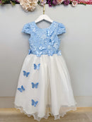 Vestido Infantil Azul C/ Bordado e Borboletas Dama Festas Luxo
