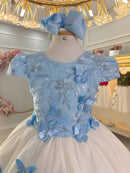 Vestido Infantil Azul C/ Bordado e Borboletas Dama Festas Luxo