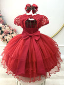 Vestido Infantil Vermelho Busto C/ Renda e Pérolas Daminhas Festas