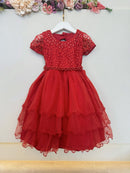Vestido Infantil Vermelho Busto C/ Renda e Pérolas Daminhas Festas