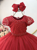 Vestido Infantil Vermelho Busto C/ Renda e Pérolas Daminhas Festas