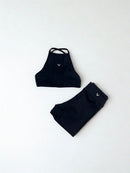 Conjunto feminino fitness na poliamida com bojo removivel e costa aberta Lara