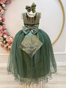 Vestido Infantil Longo Verde Oliva Damas de Honra Pérolas Luxo