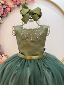 Vestido Infantil Longo Verde Oliva Damas de Honra Pérolas Luxo