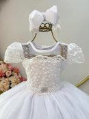 Vestido Infantil Branco Busto Renda e Bordado Damas Luxo