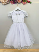 Vestido Infantil Branco Busto Renda e Bordado Damas Luxo