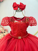 Vestido Infantil Vermelho Busto Renda e Bordado Damas Luxo