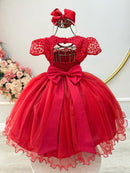 Vestido Infantil Vermelho Busto Renda e Bordado Damas Luxo
