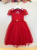 Vestido Infantil Vermelho Busto Renda e Bordado Damas Luxo