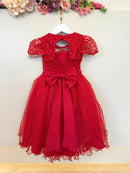 Vestido Infantil Vermelho Busto Renda e Bordado Damas Luxo