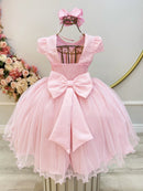Vestido Infantil Rosa Com Renda e Borboletas Dama Festas Luxo