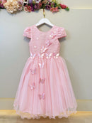 Vestido Infantil Rosa Com Renda e Borboletas Dama Festas Luxo