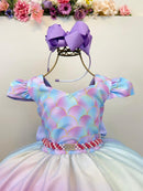 Vestido Infantil Sereia Busto Escamas Colorido Festas