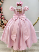 Vestido Infantil Longo Rosa Busto Renda e Bordado Damas Luxo