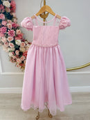 Vestido Infantil Longo Rosa Busto Renda e Bordado Damas Luxo