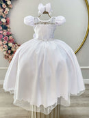 Vestido Infantil Longo Branco Busto Renda e Bordado Damas Luxo