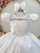 Vestido Infantil Longo Branco Busto Renda e Bordado Damas Luxo