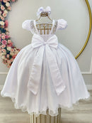Vestido Infantil Longo Branco Busto Renda e Bordado Damas Luxo