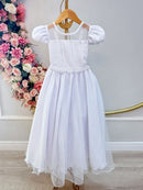 Vestido Infantil Longo Branco Busto Renda e Bordado Damas Luxo