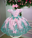Vestido Marie Jardim Encantado Luxo Rosa e Verde Tiffany