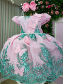 Vestido Marie Jardim Encantado Luxo Rosa e Verde Tiffany