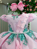 Vestido Marie Jardim Encantado Luxo Rosa e Verde Tiffany