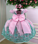Vestido Marie Jardim Encantado Luxo Rosa e Verde Tiffany