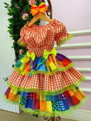Vestido Junino Banana Club Luxo Quermesse do Sertão Laranja