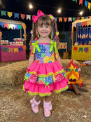 Vestido Junino Banana Club Luxo Encanto da Roça Rosa Neon