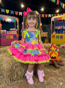Vestido Junino Banana Club Luxo Encanto da Roça Rosa Neon