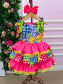 Vestido Junino Banana Club Luxo Encanto da Roça Rosa Neon