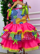 Vestido Junino Banana Club Luxo Encanto da Roça Rosa Neon
