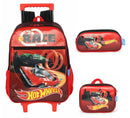 Kit Mochila Infantil Com Rodinhas + Lancheira Térmica + Estojo Simples do Hotwheels Race Preta e Vermelha