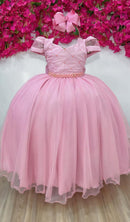 Vestido Infantil Longo Rose Busto Nervura Pérolas Damas Luxo