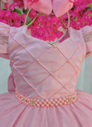 Vestido Infantil Longo Rose Busto Nervura Pérolas Damas Luxo